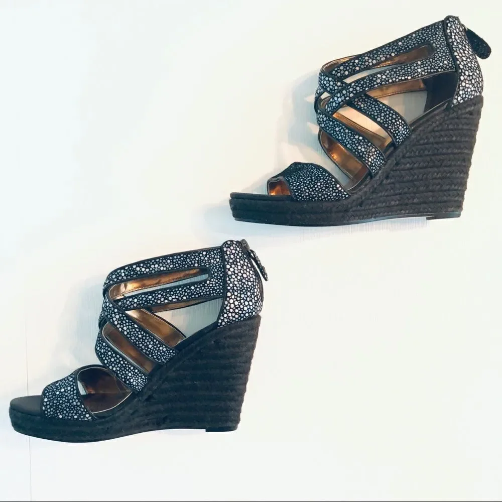 Cynthia Vincent Wedge Sandal In Black & Metallic Speckle Rope Heel